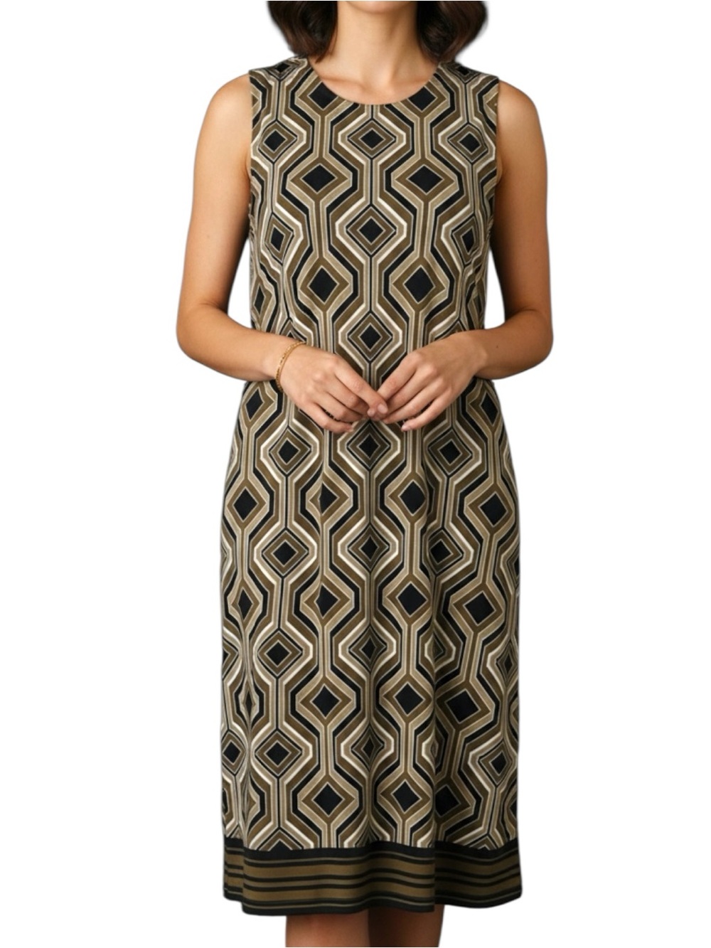 New NWT Tahari SMALL Olive Black Geometric Sleeveless Jersey Shift Mod Dress $88